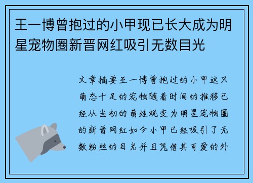 王一博曾抱过的小甲现已长大成为明星宠物圈新晋网红吸引无数目光