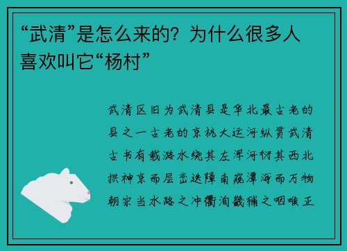“武清”是怎么来的？为什么很多人喜欢叫它“杨村”