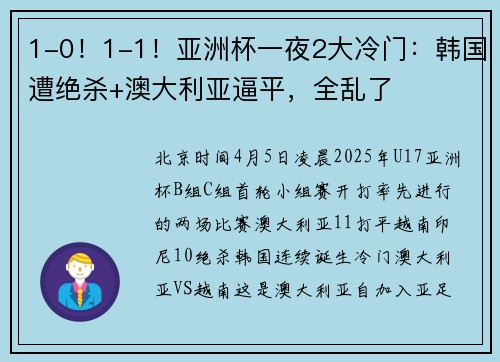 1-0！1-1！亚洲杯一夜2大冷门：韩国遭绝杀+澳大利亚逼平，全乱了