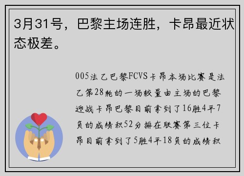 3月31号，巴黎主场连胜，卡昂最近状态极差。