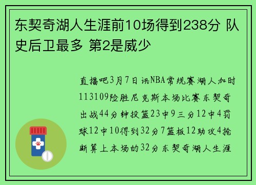 东契奇湖人生涯前10场得到238分 队史后卫最多 第2是威少