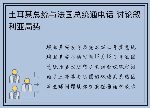 土耳其总统与法国总统通电话 讨论叙利亚局势