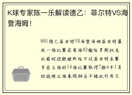 K球专家陈一乐解读德乙：菲尔特VS海登海姆！